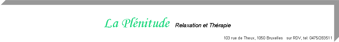 Text Box: La Plnitude  Relaxation et Thrapie         103 rue de Theux, 1050 Bruxelles   sur RDV, tel: 0475/283511
